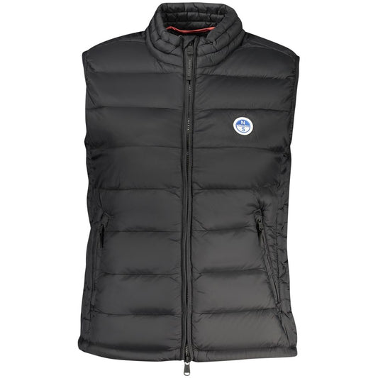 Black quilted polyester puffer vest for women with a high collar and zipper pockets