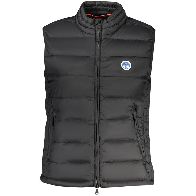 Black quilted polyester puffer vest for women with a high collar and zipper pockets