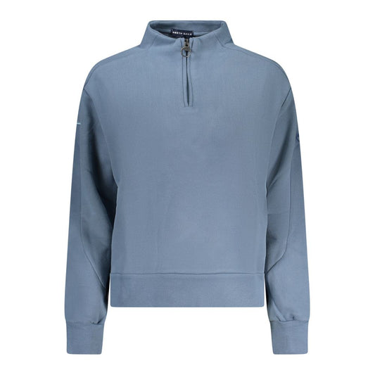 Blue cotton women's sweatshirt with a half-zip mock neck and ribbed cuffs