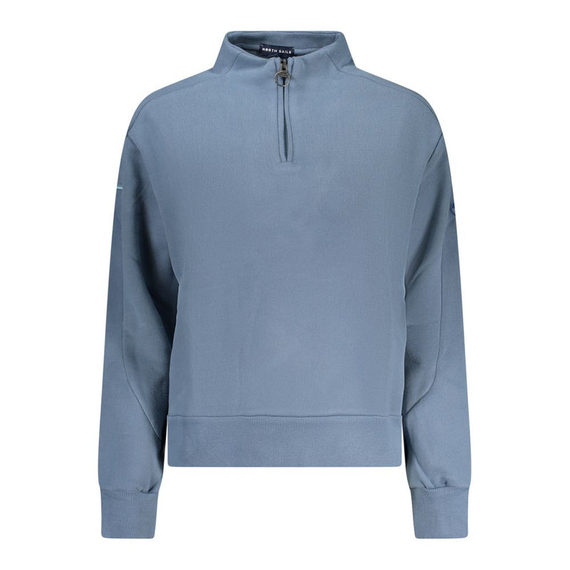 Blue cotton women's sweatshirt with a half-zip mock neck and ribbed cuffs