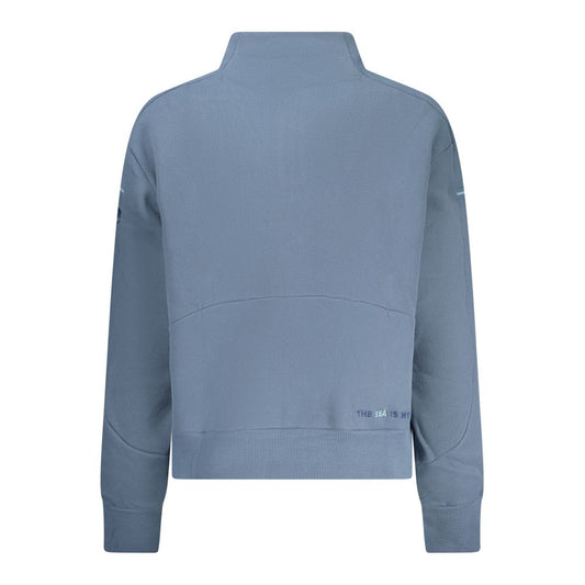 Back view of a blue cotton women's sweatshirt with a high collar