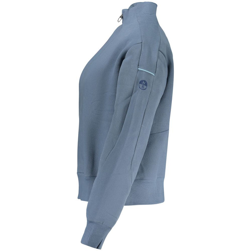 Blue cotton women's mock-neck sweatshirt with quarter zip and logo patch