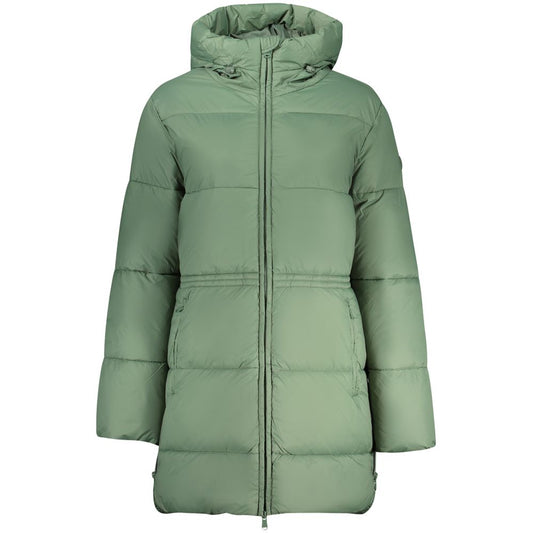 Sage green polyester puffer jacket with a hood and front zipper closure