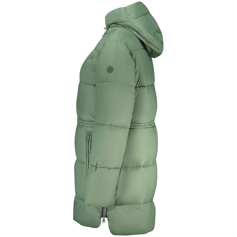 Sage green hooded polyester puffer jacket for women shown in profile