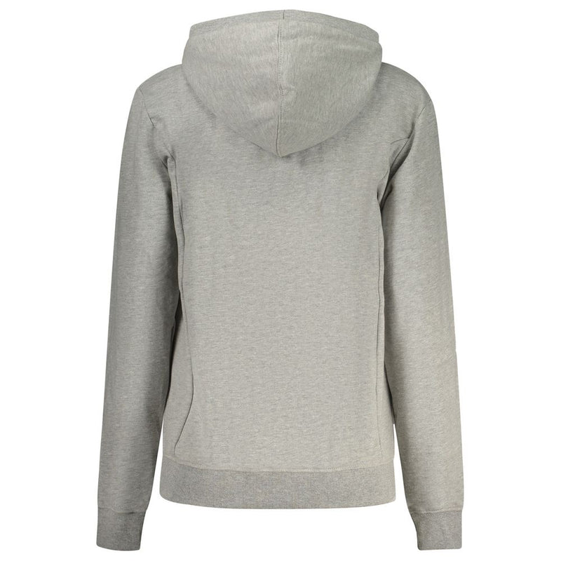 Back view of a grey cotton women's hoodie with a hood and ribbed hem
