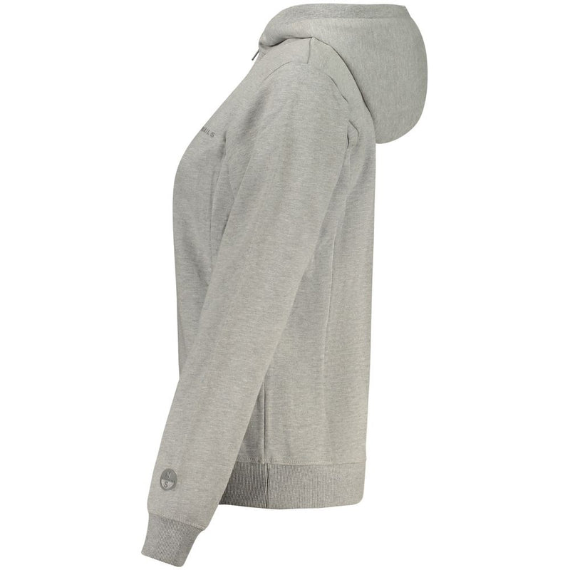 Grey cotton women's hoodie shown in profile with a hooded neck and ribbed cuffs
