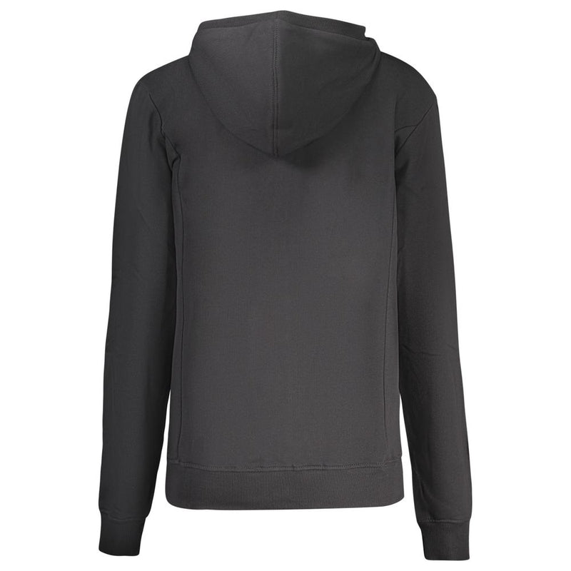 Back view of a plain black cotton women hoodie with long sleeves and hood
