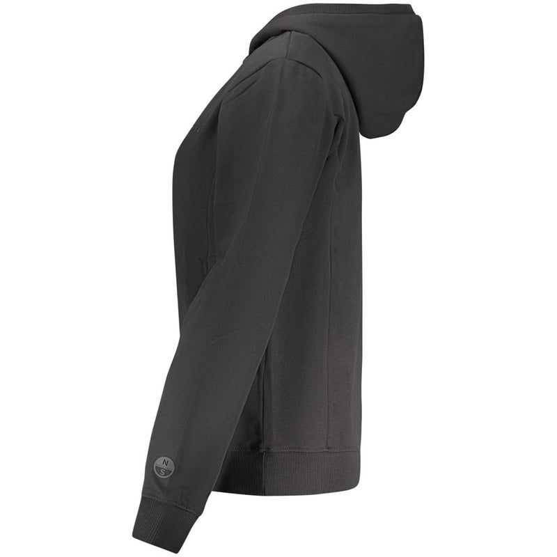 Side view of a black cotton women hoodie with a hood