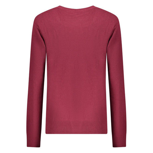 Red polyamide women's long-sleeve knit sweater seen from the back