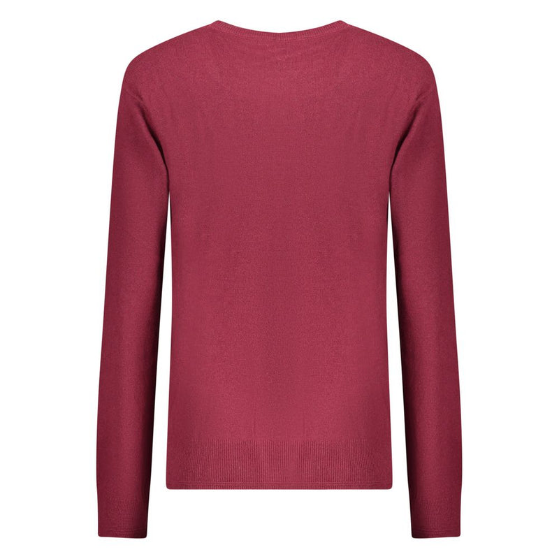 Red polyamide women's long-sleeve knit sweater seen from the back