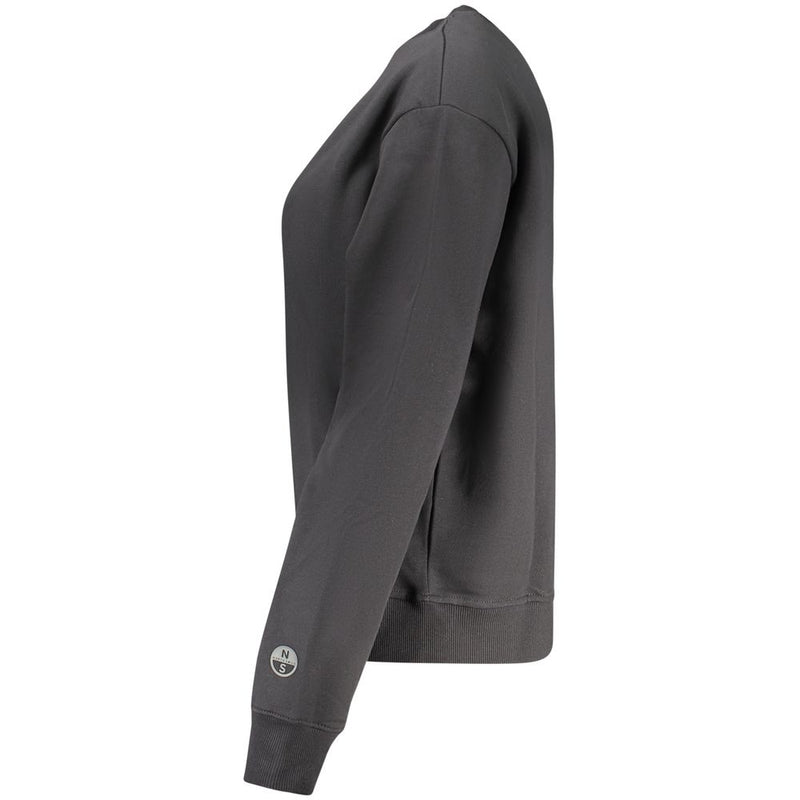 Side view of a black cotton women sweatshirt with a round neckline and ribbed cuffs