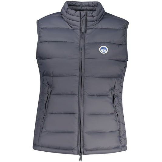Dark grey quilted polyester sleeveless puffer vest for women with a high collar and front zipper