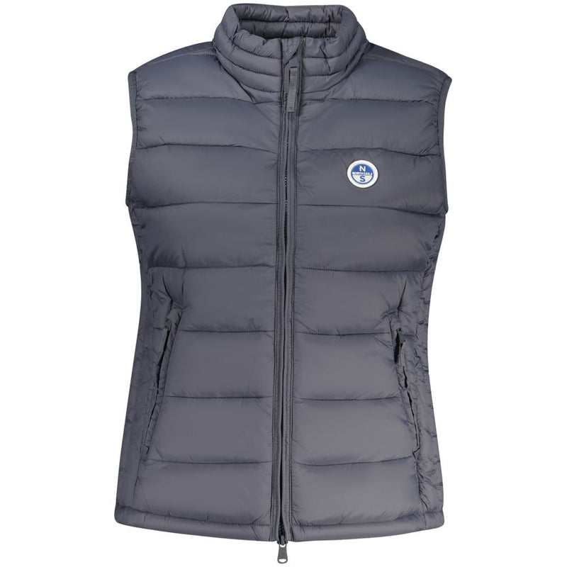 Dark grey quilted polyester sleeveless puffer vest for women with a high collar and front zipper