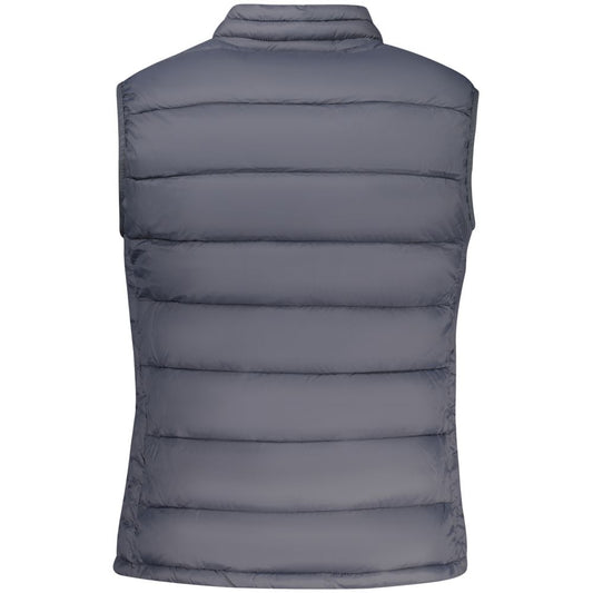 Back view of a grey quilted polyester puffer vest for women with a stand-up collar