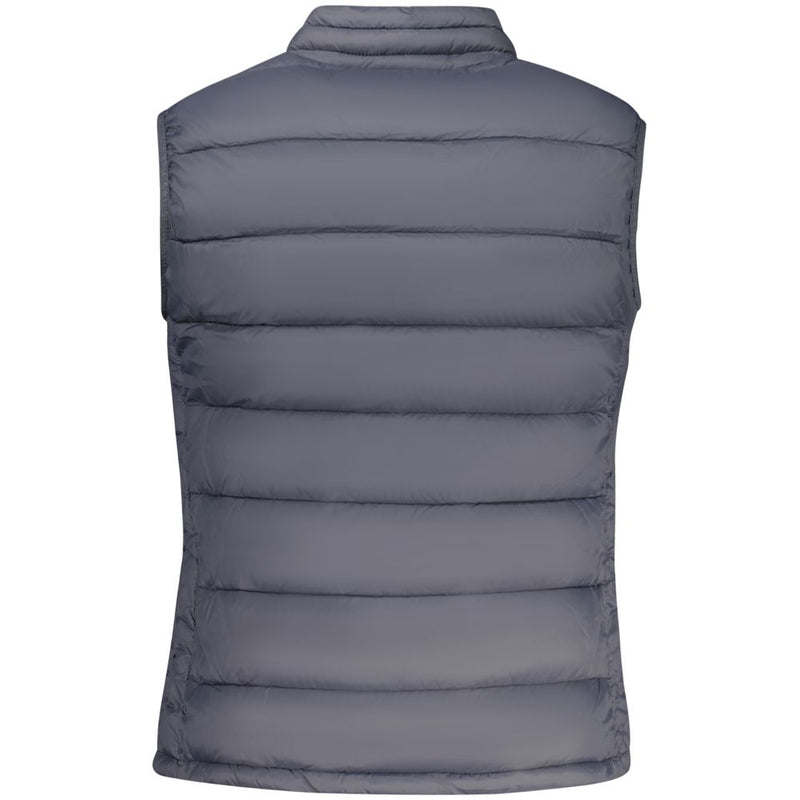 Back view of a grey quilted polyester puffer vest for women with a stand-up collar