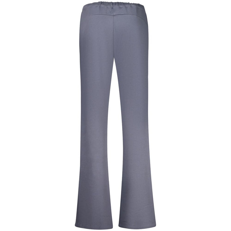 Blue cotton women's sweatpants featuring a straight-leg style, viewed from the back