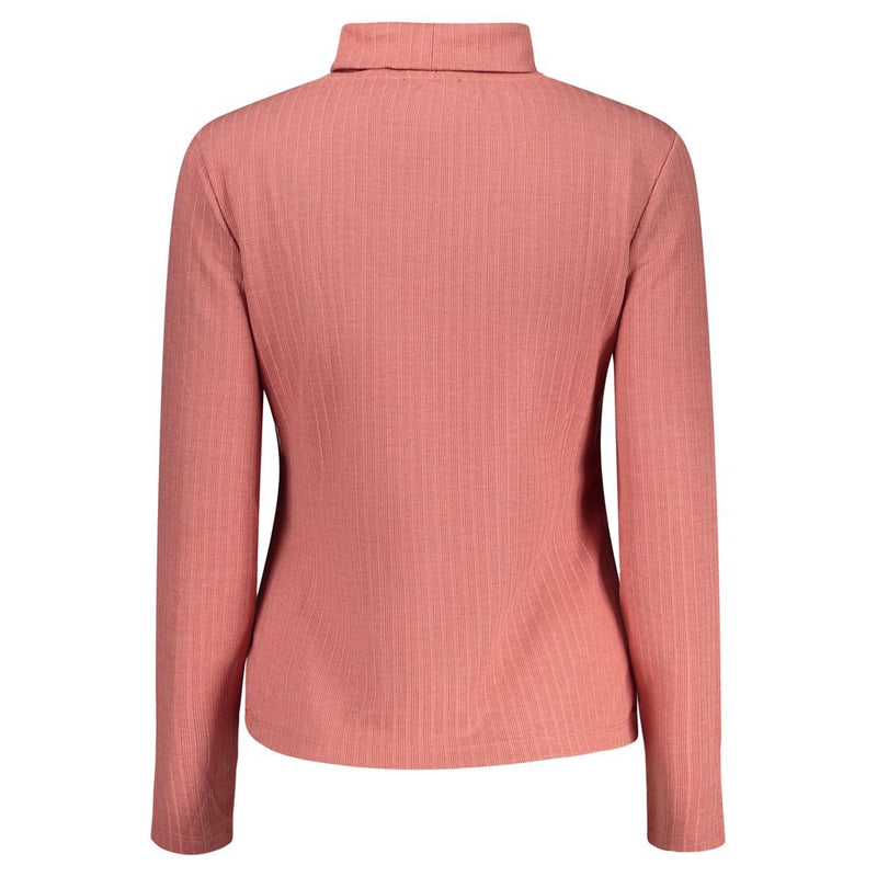 Pink ribbed polyester women's turtleneck sweater seen from the back