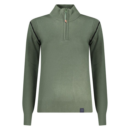 Sage green viscose women's quarter-zip sweater with ribbed high neck and cuffs