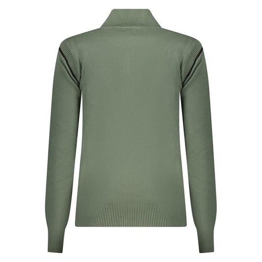 Sage green viscose women's zip-neck sweater with ribbed cuffs and hem, viewed from the back