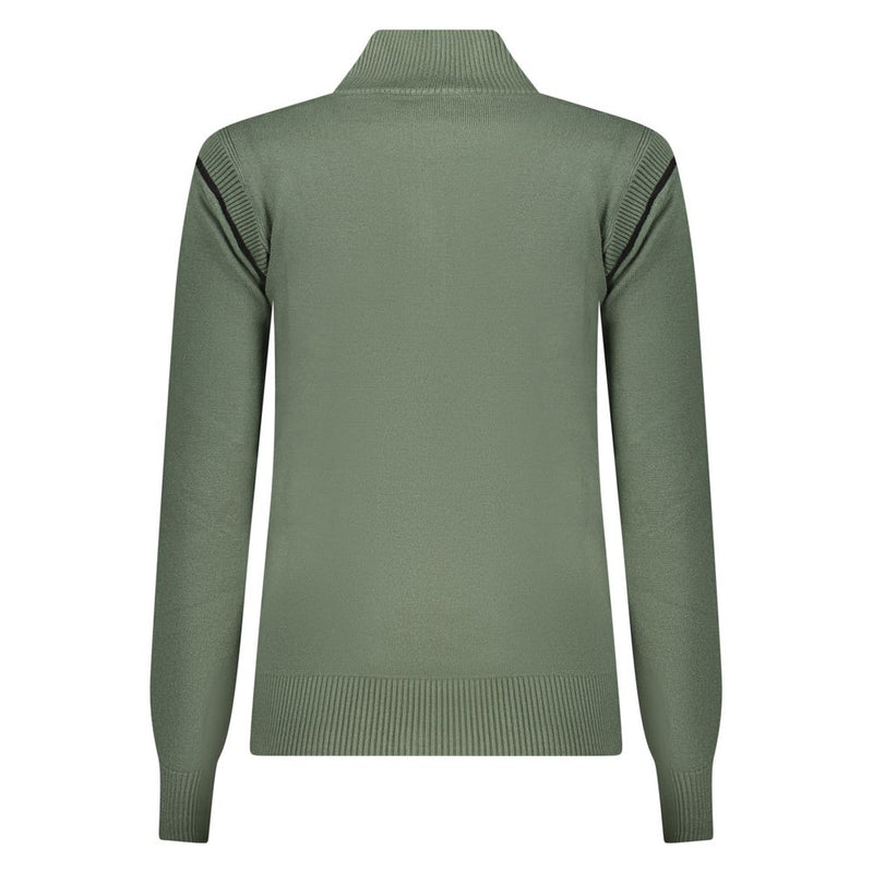 Sage green viscose women's zip-neck sweater with ribbed cuffs and hem, viewed from the back