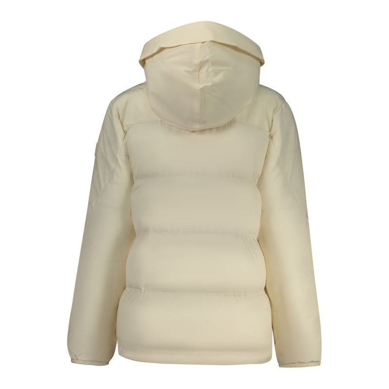 White polyester women's puffer jacket with a hood viewed from the back