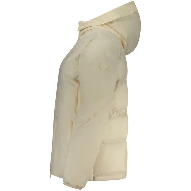 Side view of an off-white polyester women's hooded puffer jacket
