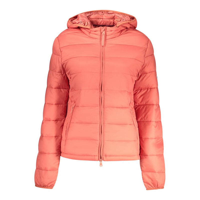 Red polyester women's puffer jacket with a hood and zippered front