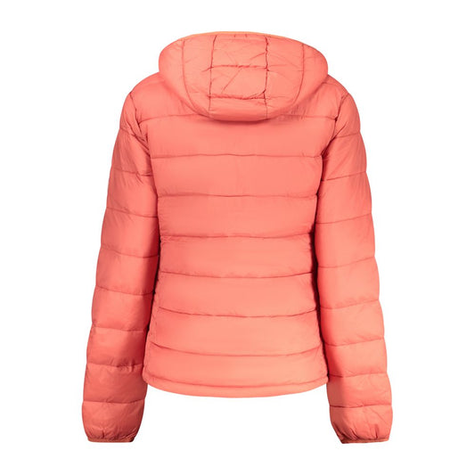 Back view of a red polyester puffer jacket with a hood for women