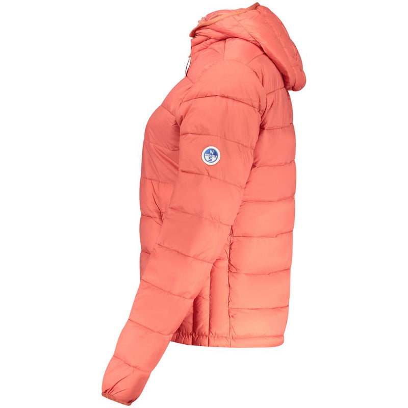Red polyester quilted hooded puffer jacket for women