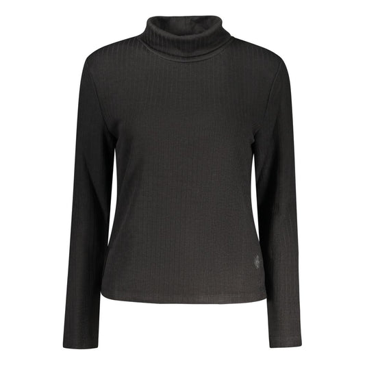 Black ribbed polyester women turtleneck sweater with long sleeves