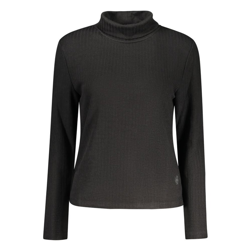 Black ribbed polyester women turtleneck sweater with long sleeves
