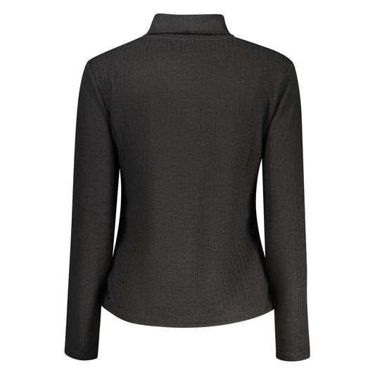 Black ribbed polyester women sweater with long sleeves and a high neckline viewed from the back