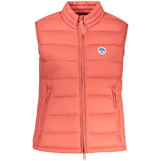 Coral pink quilted polyester zip-up puffer vest with stand collar and logo patch