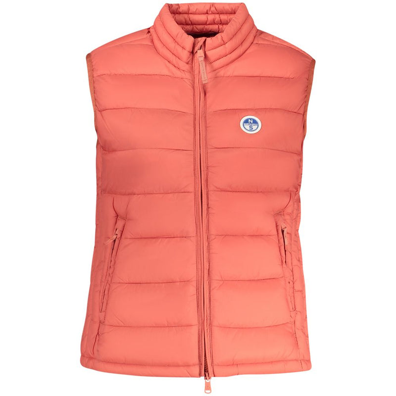 Coral pink quilted polyester zip-up puffer vest with stand collar and logo patch