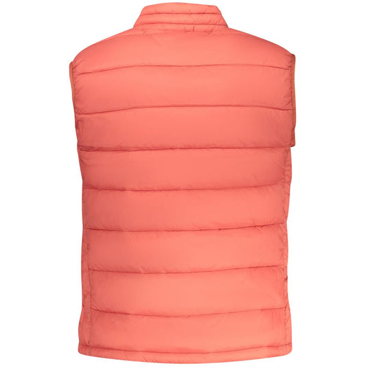 Back view of a red polyester quilted puffer vest for women