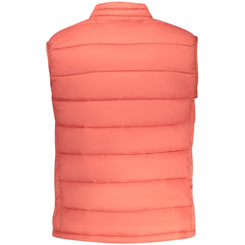 Back view of a red polyester quilted puffer vest for women
