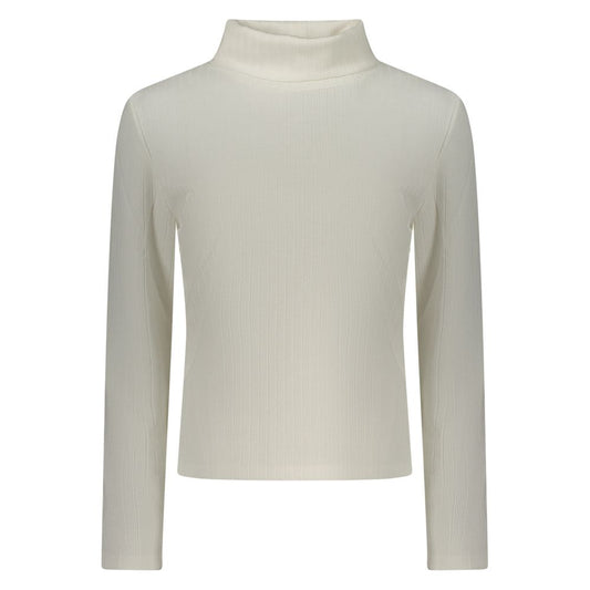 White ribbed turtleneck sweater with long sleeves in soft polyester fabric