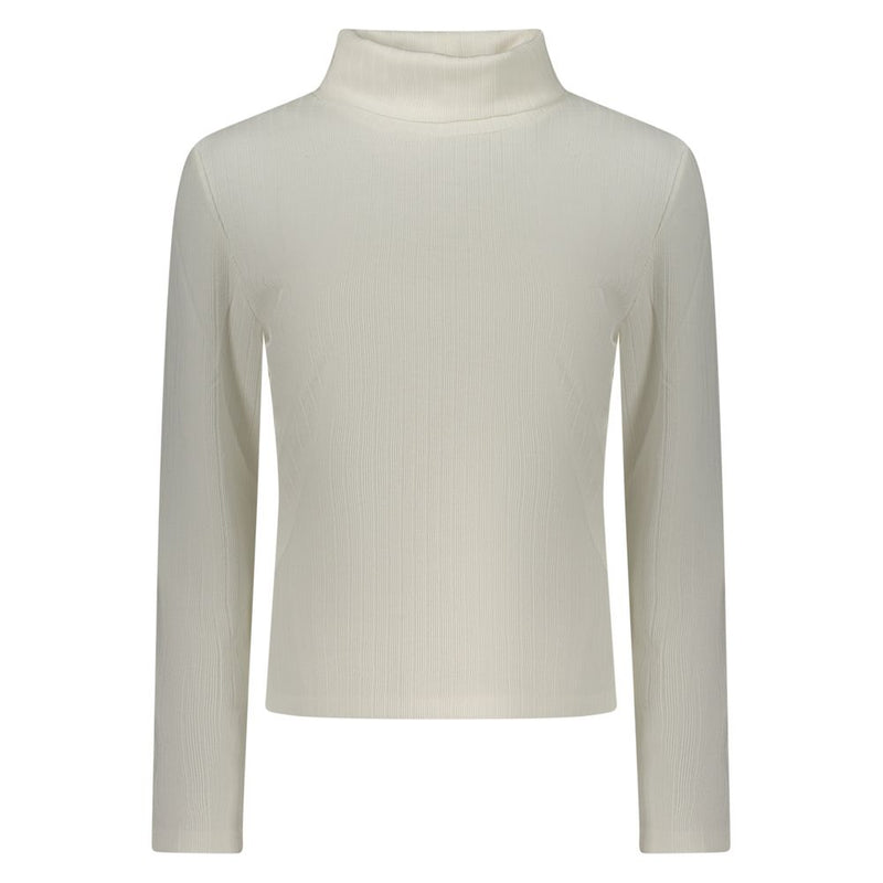 White ribbed turtleneck sweater with long sleeves in soft polyester fabric