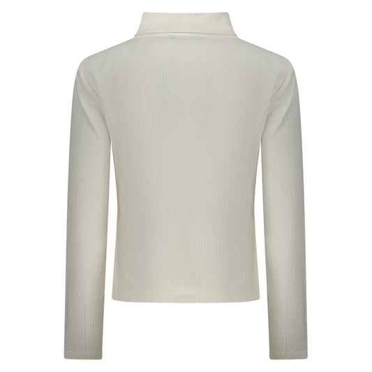 White polyester women's long-sleeve sweater with a mock neck