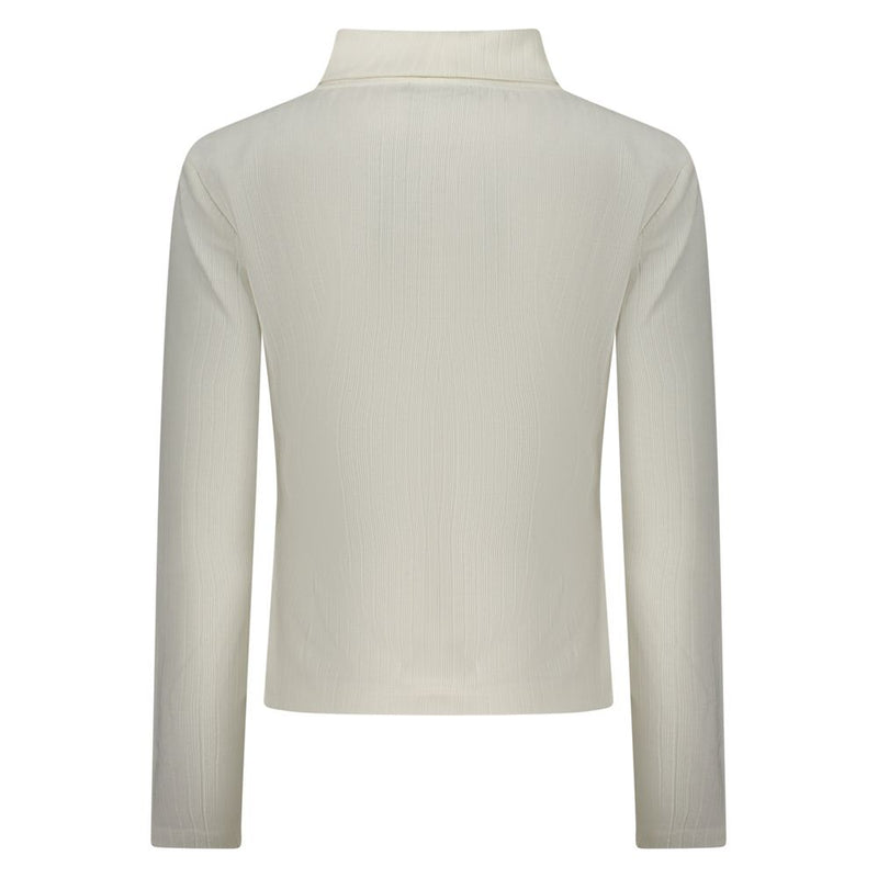 White polyester women's long-sleeve sweater with a mock neck