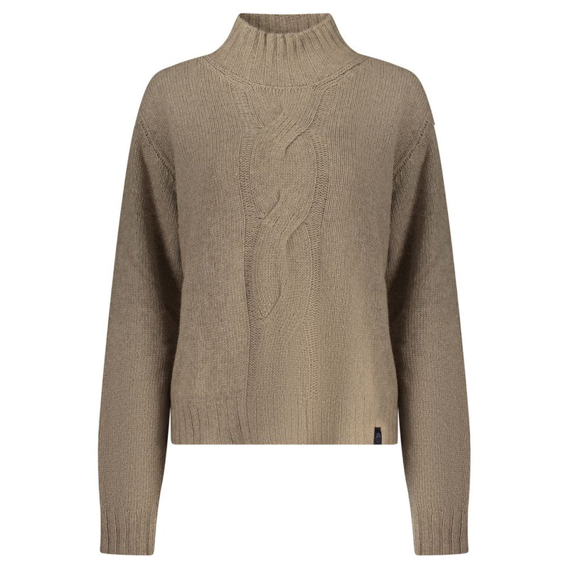 Brown knit women sweater with high collar and cable knit pattern