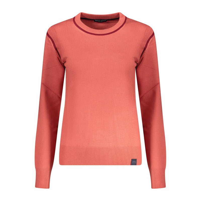 Coral pink viscose knit sweater with a crew neck and ribbed trim