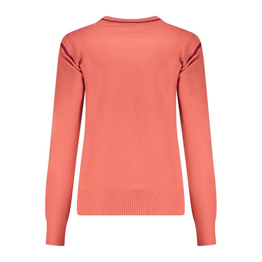 Red viscose women's long-sleeve knit sweater, seen from the back