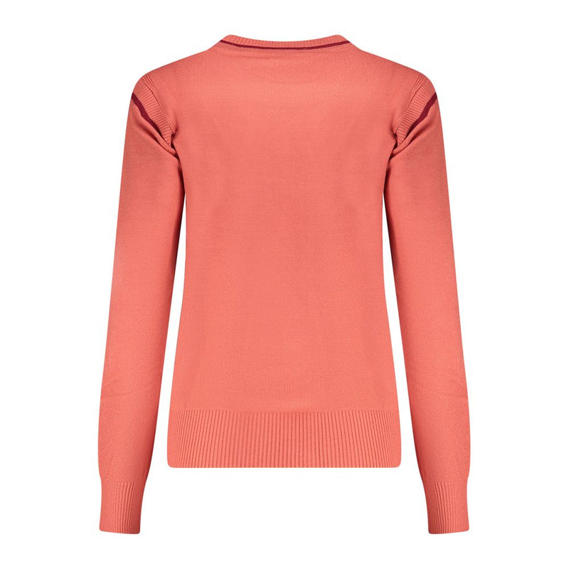Red viscose women's long-sleeve knit sweater, seen from the back