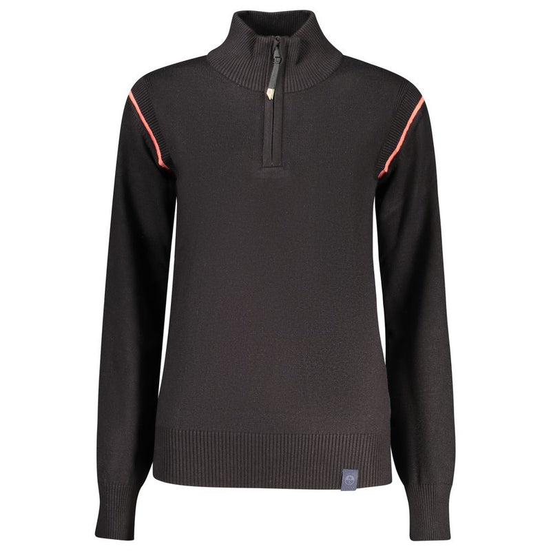 Black viscose women's quarter-zip sweater with ribbed funnel neck and orange shoulder stripes