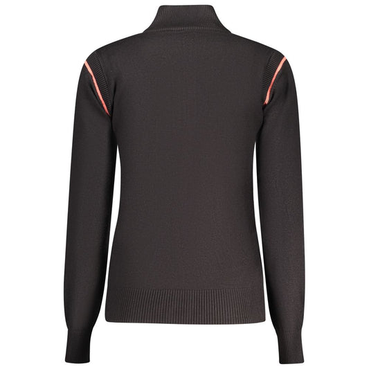 Black viscose women's sweater with a mock neck and orange shoulder stripes viewed from the back