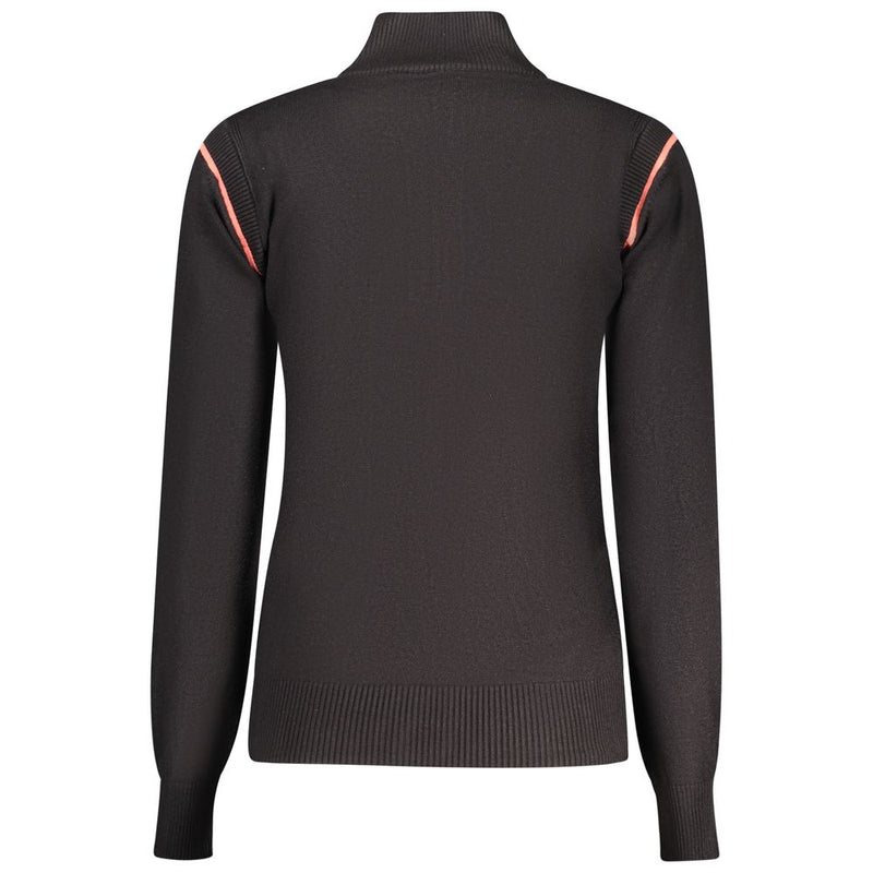 Black viscose women's sweater with a mock neck and orange shoulder stripes viewed from the back