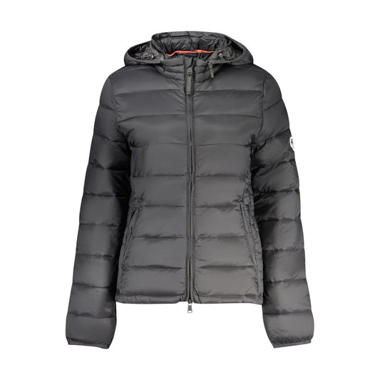 Black quilted polyester hooded puffer jacket for women