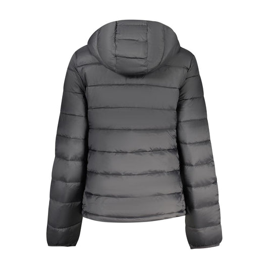 Black quilted polyester women's puffer jacket with hood viewed from the back
