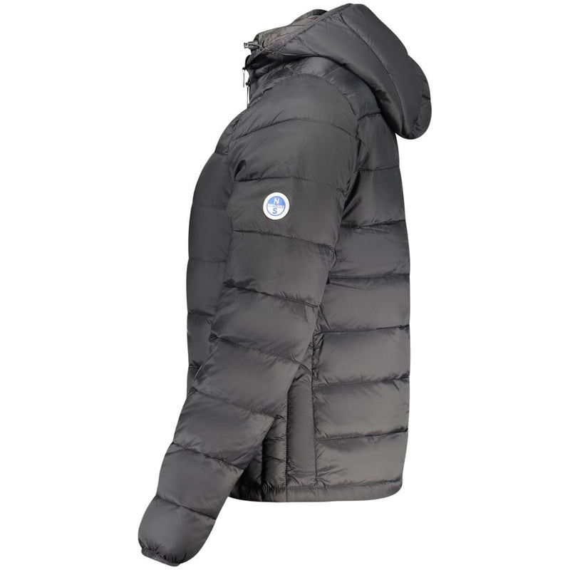 Black polyester quilted women's puffer jacket with a hood viewed from the side